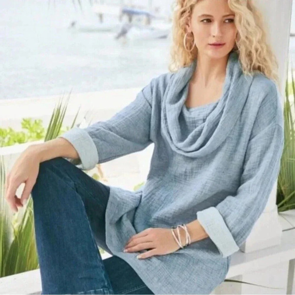 Soft Surroundings Size M Taylen women's sweater cowl neck light blue Linen Blend - Picture 3 of 5